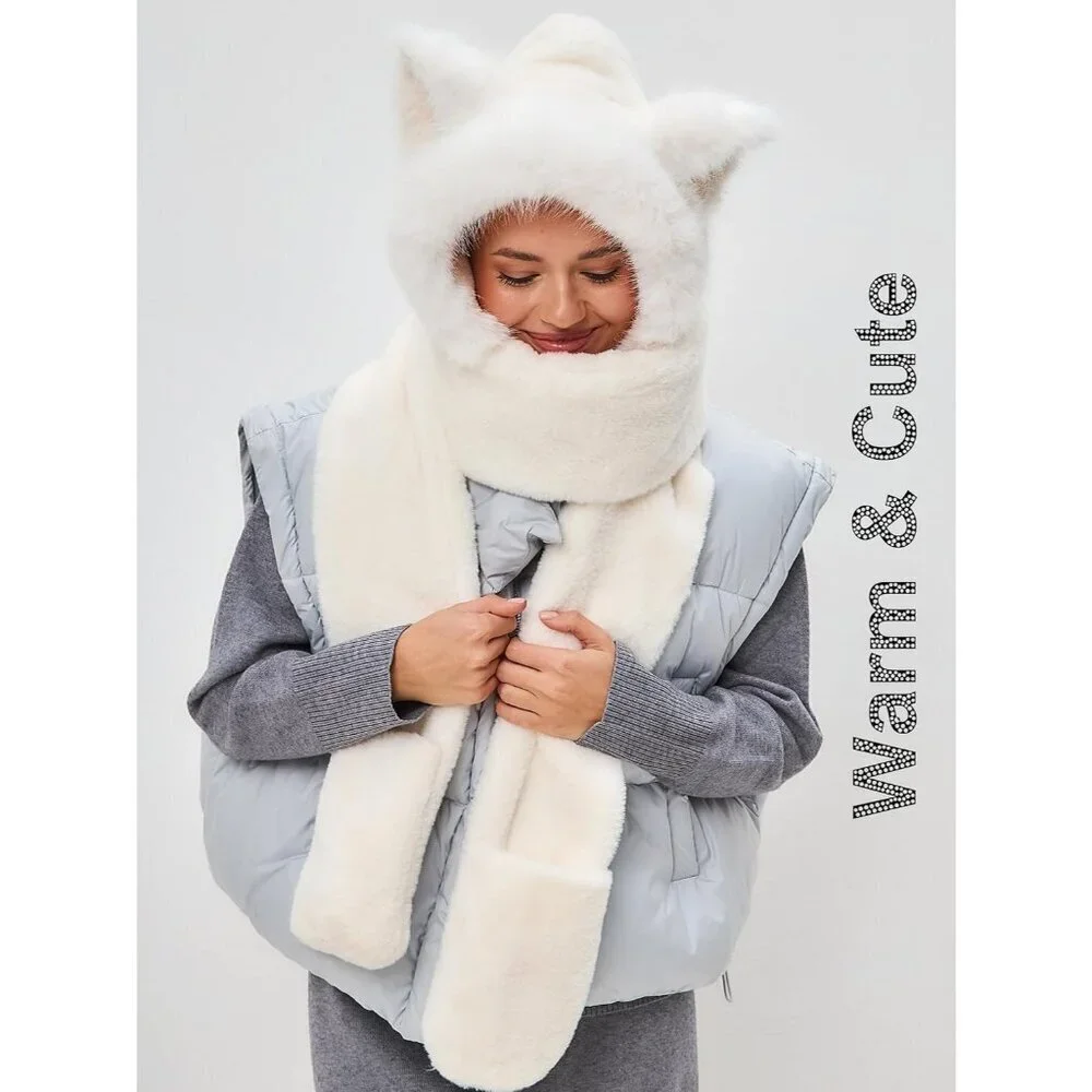 Kids Lvory Faux fur Cute Cat Ears Winter Hat, 3 in 1 Plush Animal Hat Imported